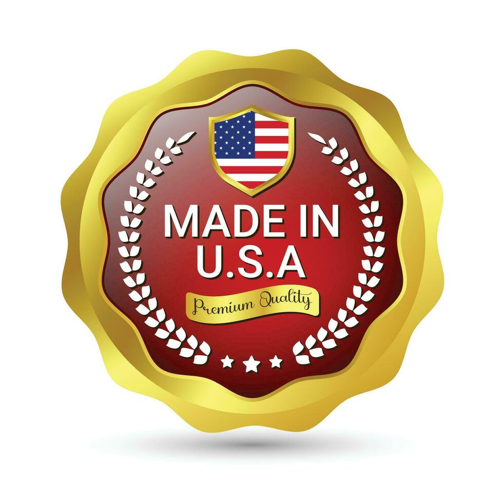 glansig tillverkad i USA bricka, tillverkad i de förenad stater, tillverkad i de USA emblem, amerikan flagga, tillverkad i USA täta, tillverkad i USA vektor, ikoner, original- produkt, vektor illustration i 3d realistisk humör