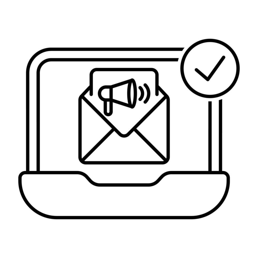 Email Marketing Vektor, viral Marketing Symbol, Direkte Marketing Zeichen mit Megaphon, Email Gliederung Symbol, und Häkchen auf Laptop Gliederung schwarz Vektor Illustration