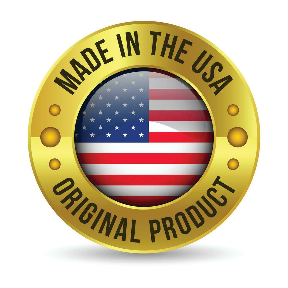 glänzend gemacht im USA Abzeichen, gemacht im das vereinigt Zustände, gemacht im das USA Emblem, amerikanisch Flagge, gemacht im USA Siegel, gemacht im USA Vektor, Symbole, Original Produkt, Vektor Illustration im 3d realistisch Stimmung