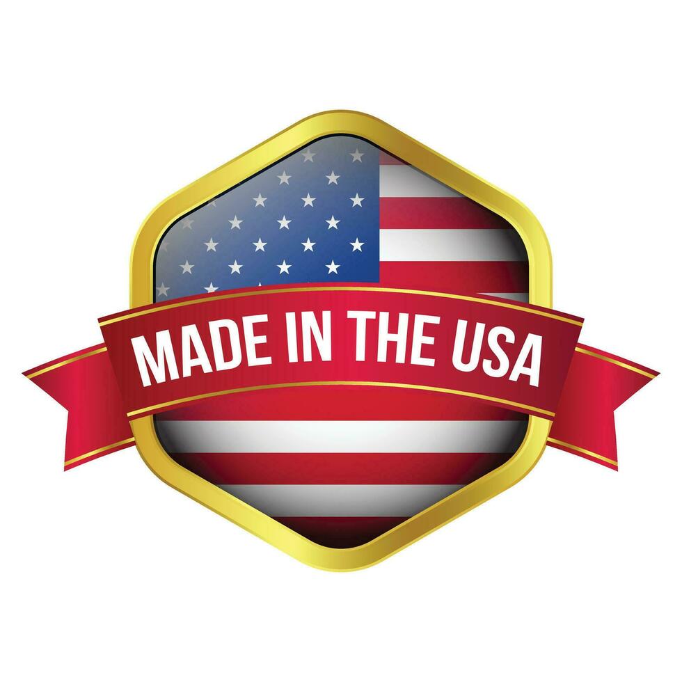 glänzend gemacht im USA Abzeichen, gemacht im das vereinigt Zustände, gemacht im das USA Emblem, amerikanisch Flagge, gemacht im USA Siegel, gemacht im USA Vektor, Symbole, Original Produkt, Vektor Illustration im 3d realistisch Stimmung