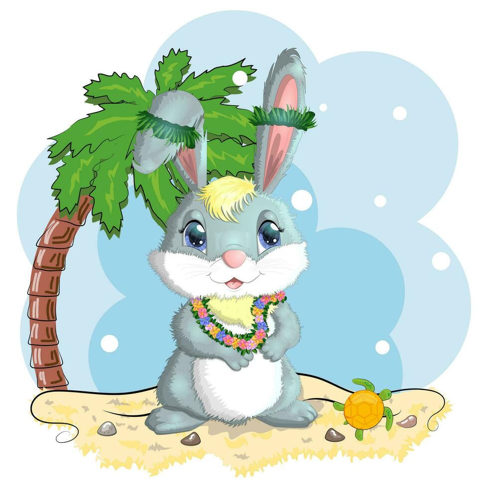 söt kanin, hare i hawaiian kläder dans hula. krans och krans av blommor, strand, semester, semester begrepp. vektor