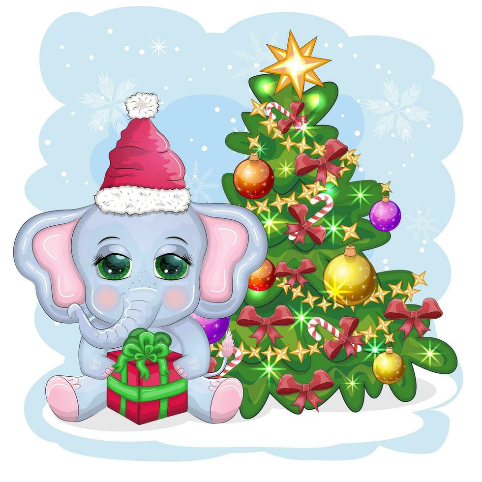 söt tecknad serie elefant, barnslig karaktär i santa hatt med gåva, jul boll eller godis sockerrör nära jul träd vektor