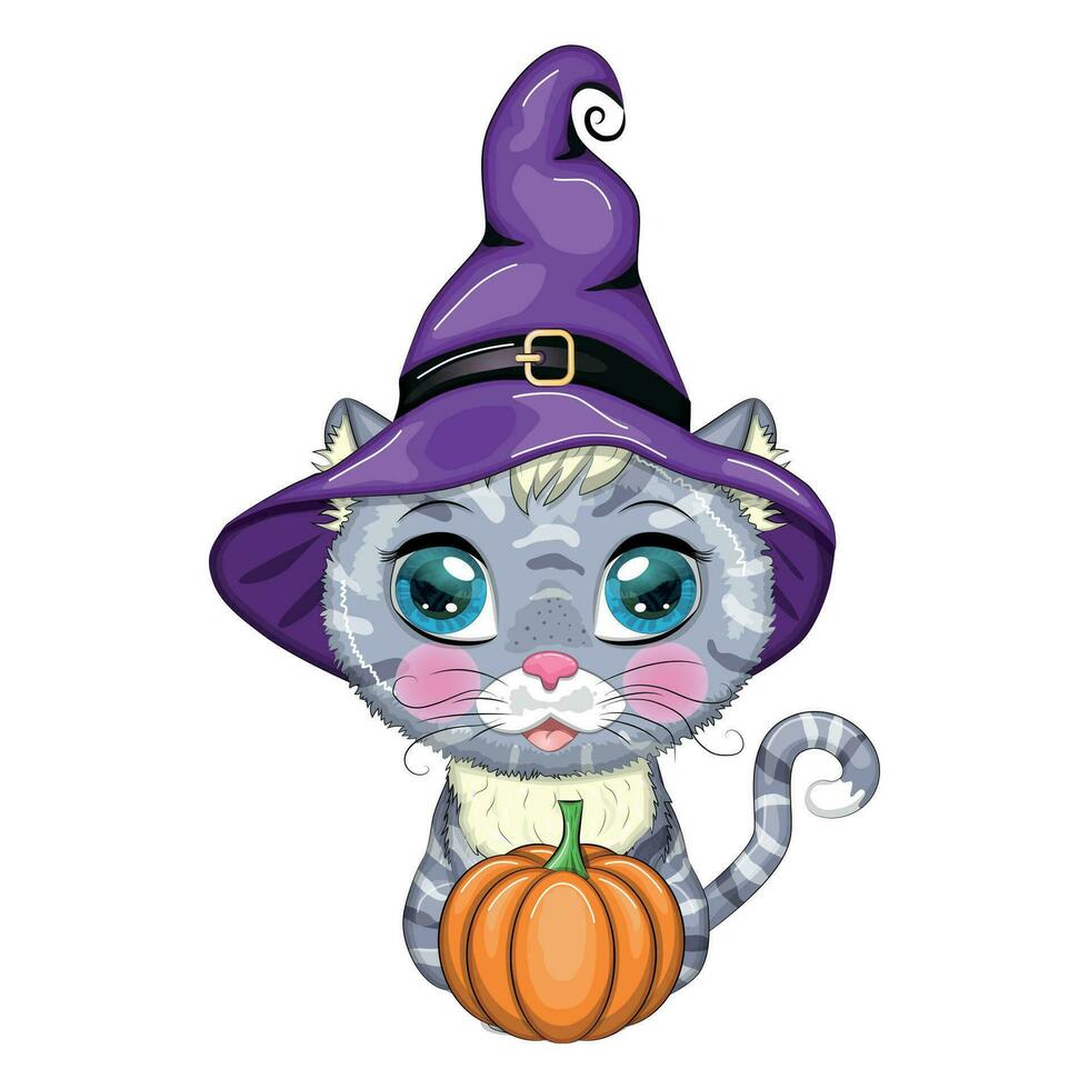 karikaturkatze im lila hexenhut mit besen, kürbis, trank. Halloween-Charakter, Poster. Symbol für 2023 vektor