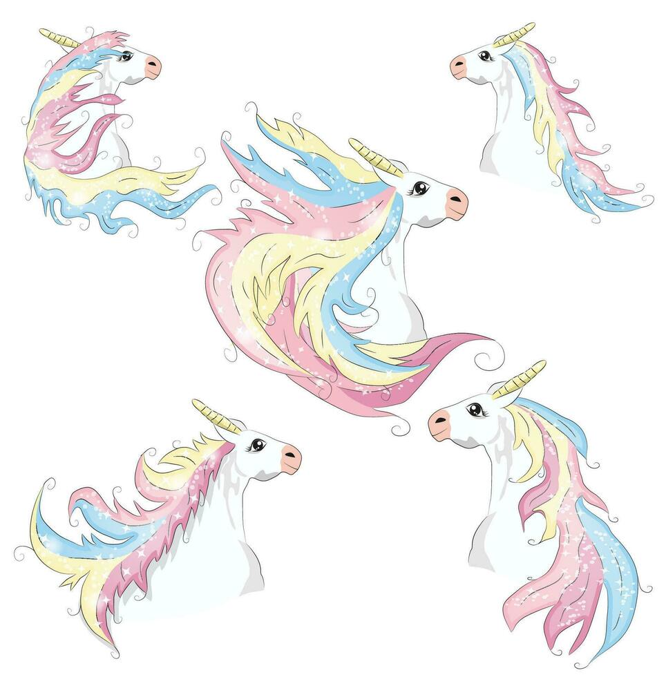 Weiß Einhorn Illustration zum Kinder Design. Regenbogen Haar. isoliert. süß Fantasie Tier. vektor