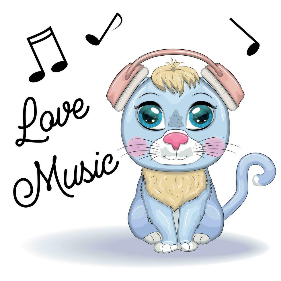 cartoon cat musikliebhaber in kopfhörern hört musik, konzert. niedlicher kindercharakter, symbol des neuen chinesen 2023 vektor