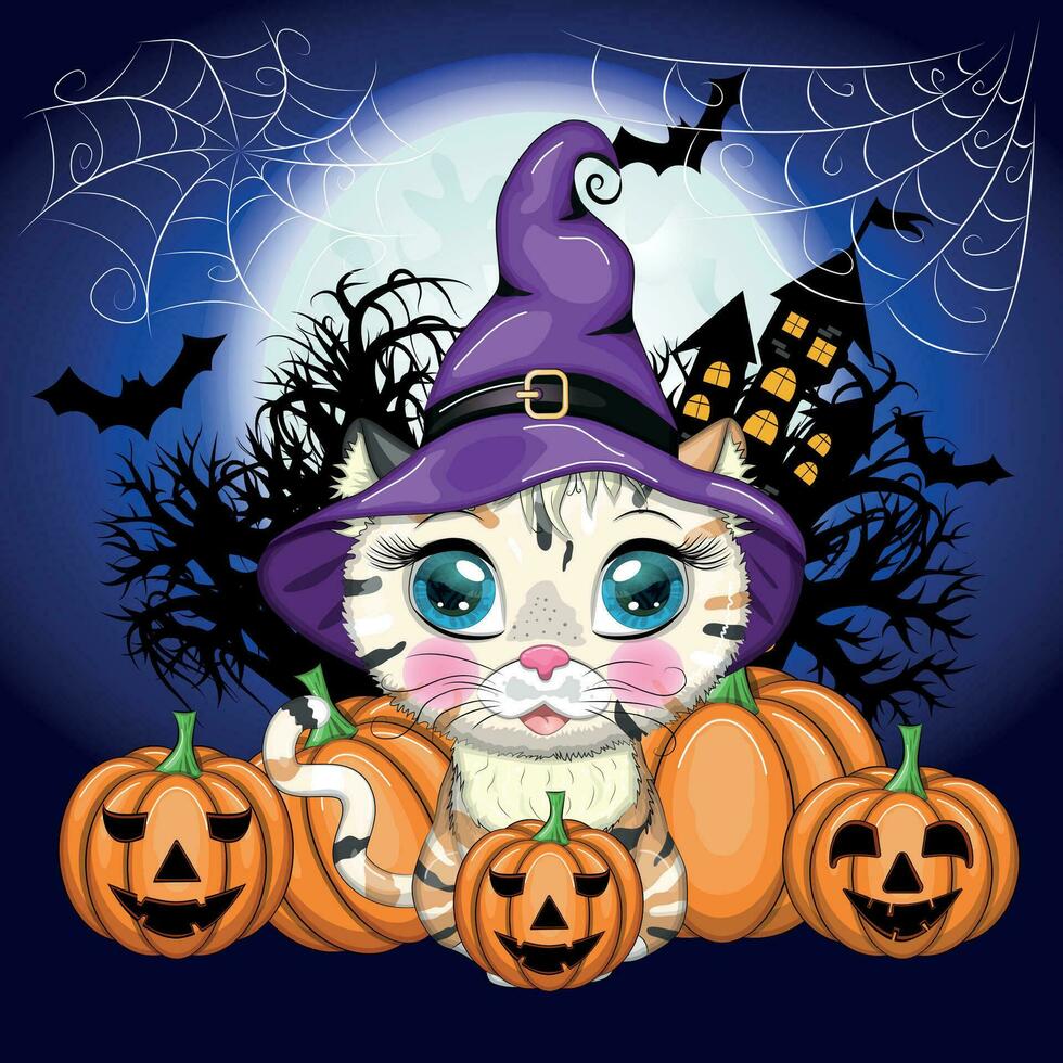 karikaturkatze im lila hexenhut mit besen, kürbis, trank. Halloween-Charakter, Poster. Symbol für 2023 vektor
