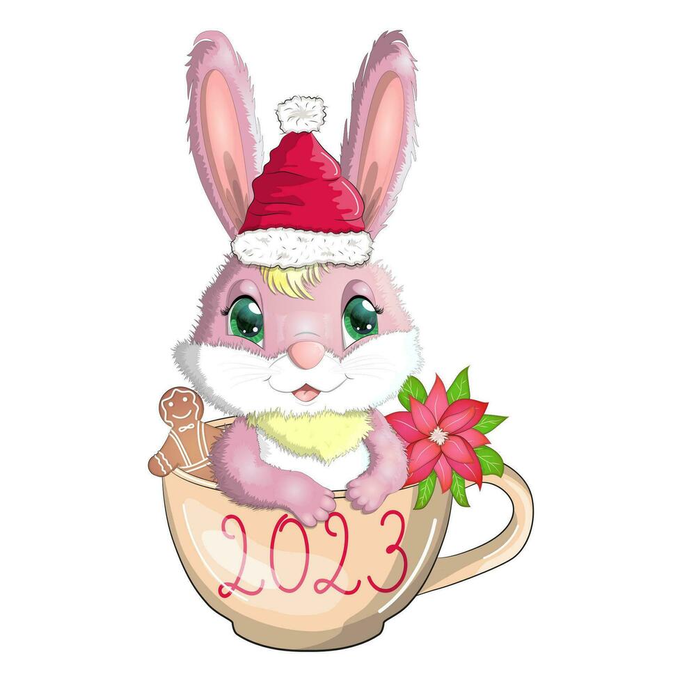 Ein süßes Cartoon-Kaninchen mit Weihnachtsmütze sitzt in einer Tasse mit Keksen und Weihnachtsstern. Winter 2023, Weihnachten und Neujahr vektor