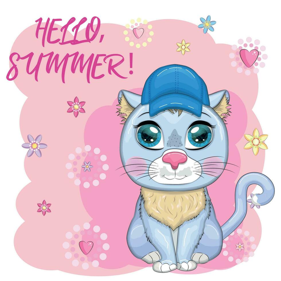 Karikatur Katze im ein Hut mit Blumen. Sommer, Urlaub. süß Kind Charakter, Symbol von 2023 Neu Chinesisch Jahr vektor