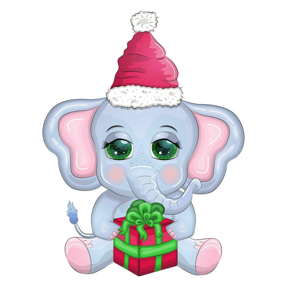 söt tecknad serie elefant, barnslig karaktär med skön ögon bär santa hatt, scarf, innehav gåva, jul boll vektor