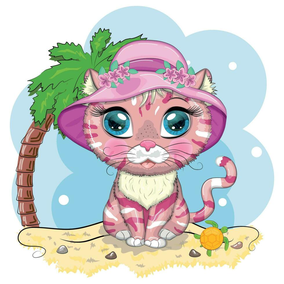 tecknad serie katt i en hatt med blommor. sommar, semester. söt barn karaktär, symbol av 2023 ny kinesisk år. vektor