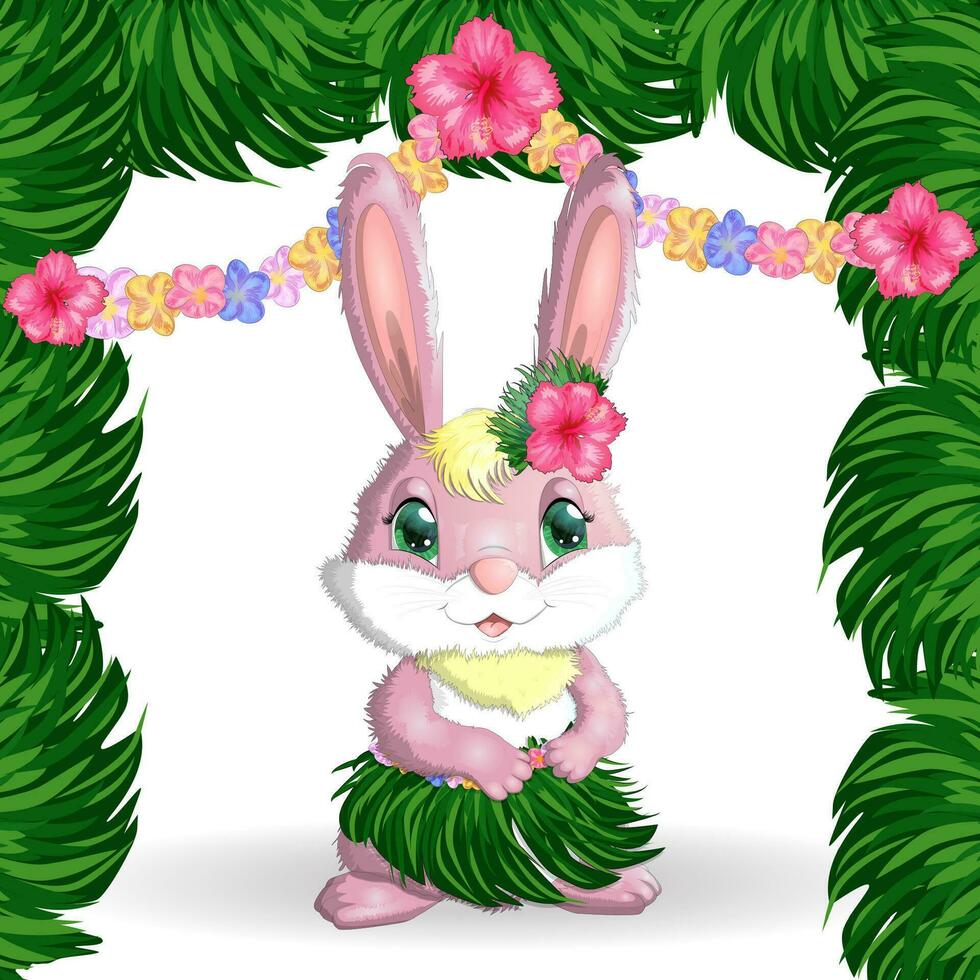 söt kanin, hare i hawaiian kläder dans hula. krans och krans av blommor, strand, semester, semester begrepp. vektor