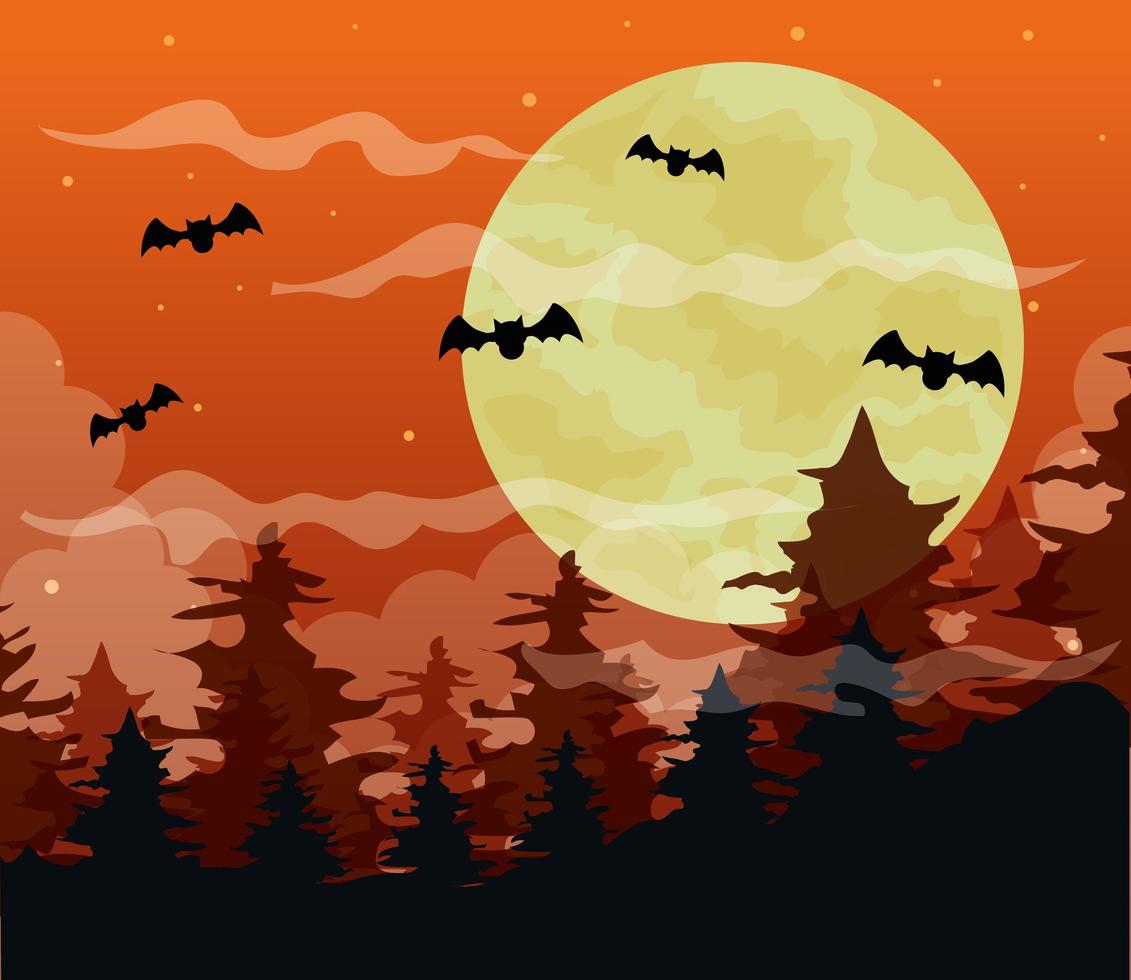 glad halloween bakgrund med spöklik skog och fladdermöss som flyger vektor
