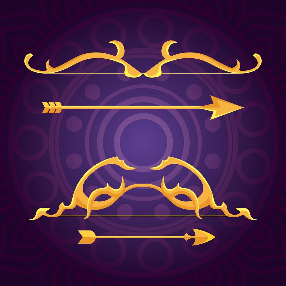 Fröhliches Dussehra-Fest mit goldenen Pfeilen auf violettem Hintergrund vektor