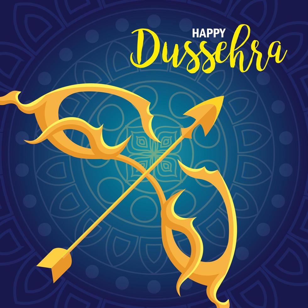 Happy Dussehra Festival mit goldenem Pfeil auf blauem Hintergrund on vektor