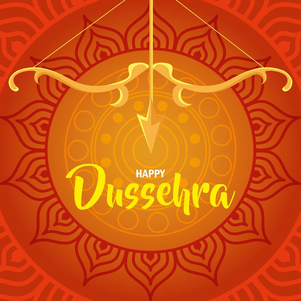 Fröhliches Dussehra-Fest mit goldenem Bogen und Pfeil im orangefarbenen Hintergrund vektor