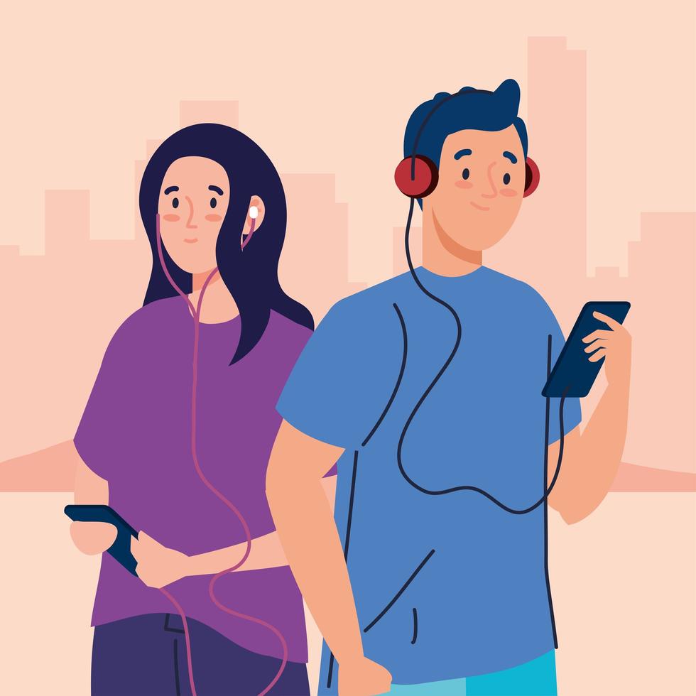 junges Paar mit Kopfhörern und Smartphones im Freien vektor