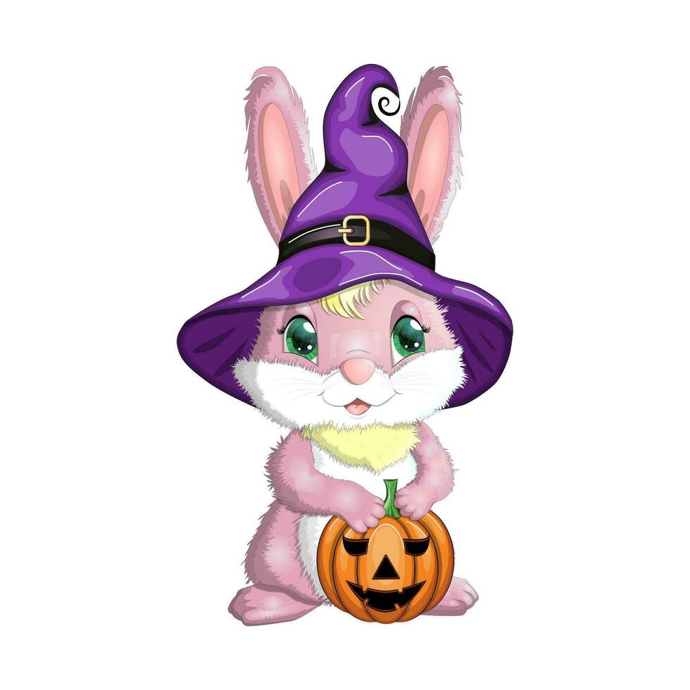 söt kanin i häxa hatt med pumpa, kvast, trolldryck. Lycklig halloween festival begrepp. år 2023 hare maskot karaktär vektor