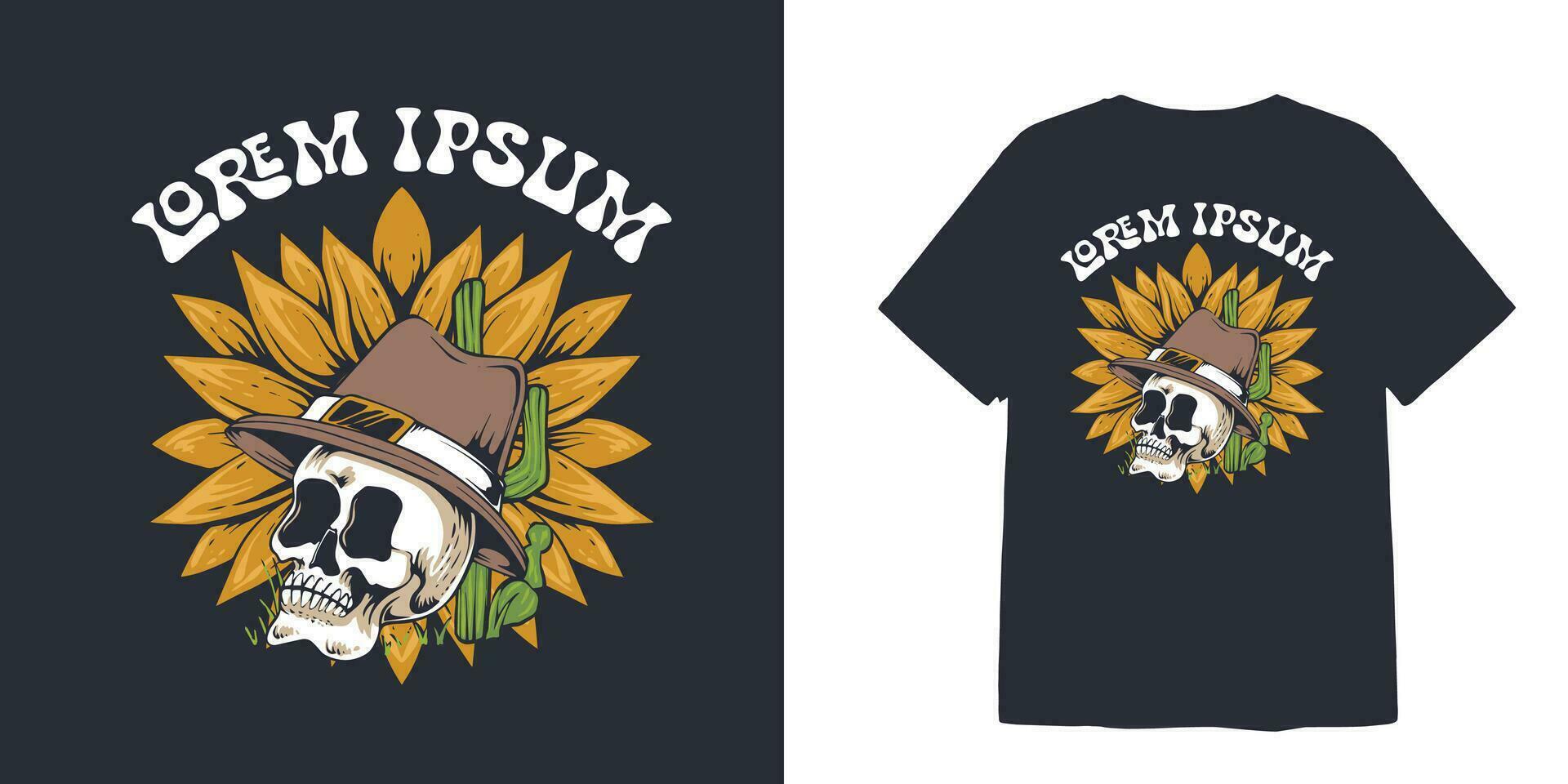 Jahrgang Stil Cowboy Schädel und Sonnenblume zum T-Shirt und vektor