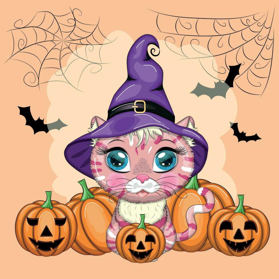 tecknad serie katt i lila häxa hatt med kvast, pumpa, trolldryck. halloween karaktär, affisch. symbol av 2023 vektor