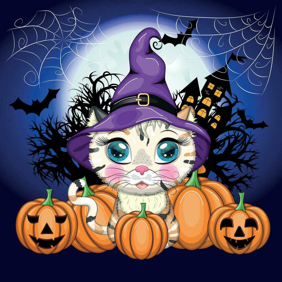 karikaturkatze im lila hexenhut mit besen, kürbis, trank. Halloween-Charakter, Poster. Symbol für 2023 vektor