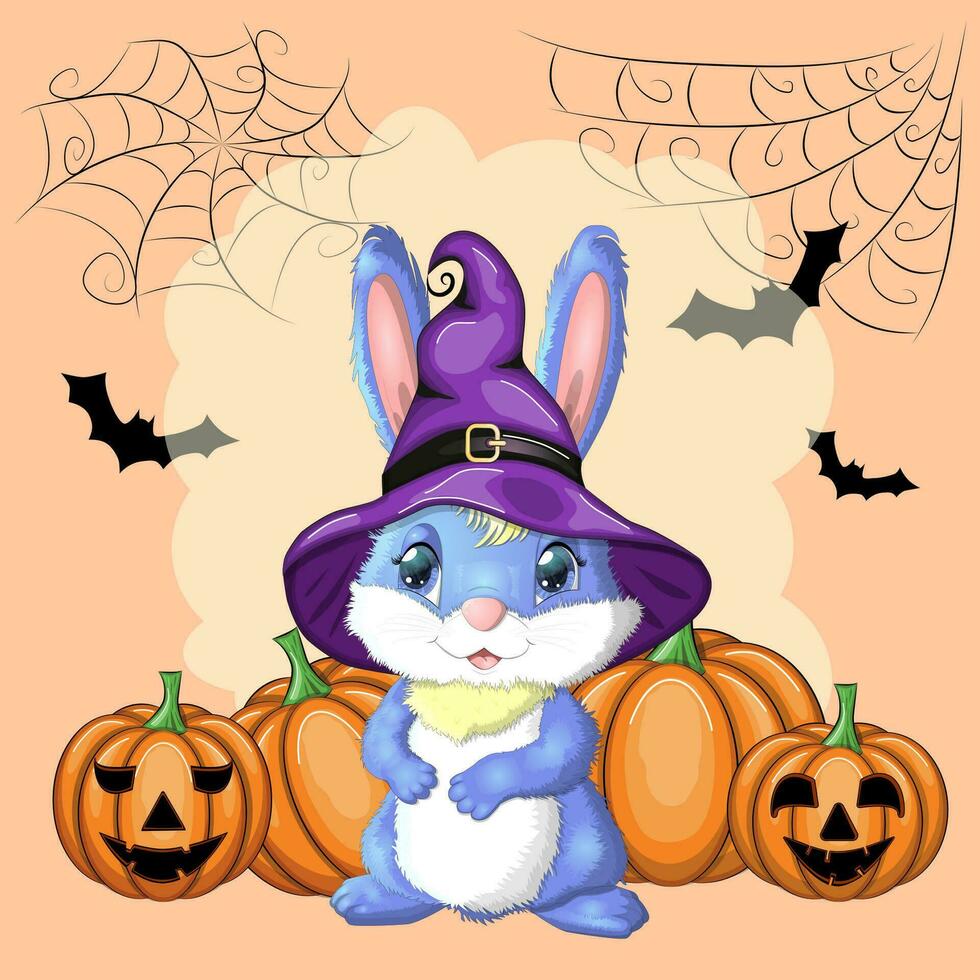 söt kanin i häxa hatt med pumpa, kvast, trolldryck. Lycklig halloween festival begrepp. år 2023 hare maskot karaktär. vektor