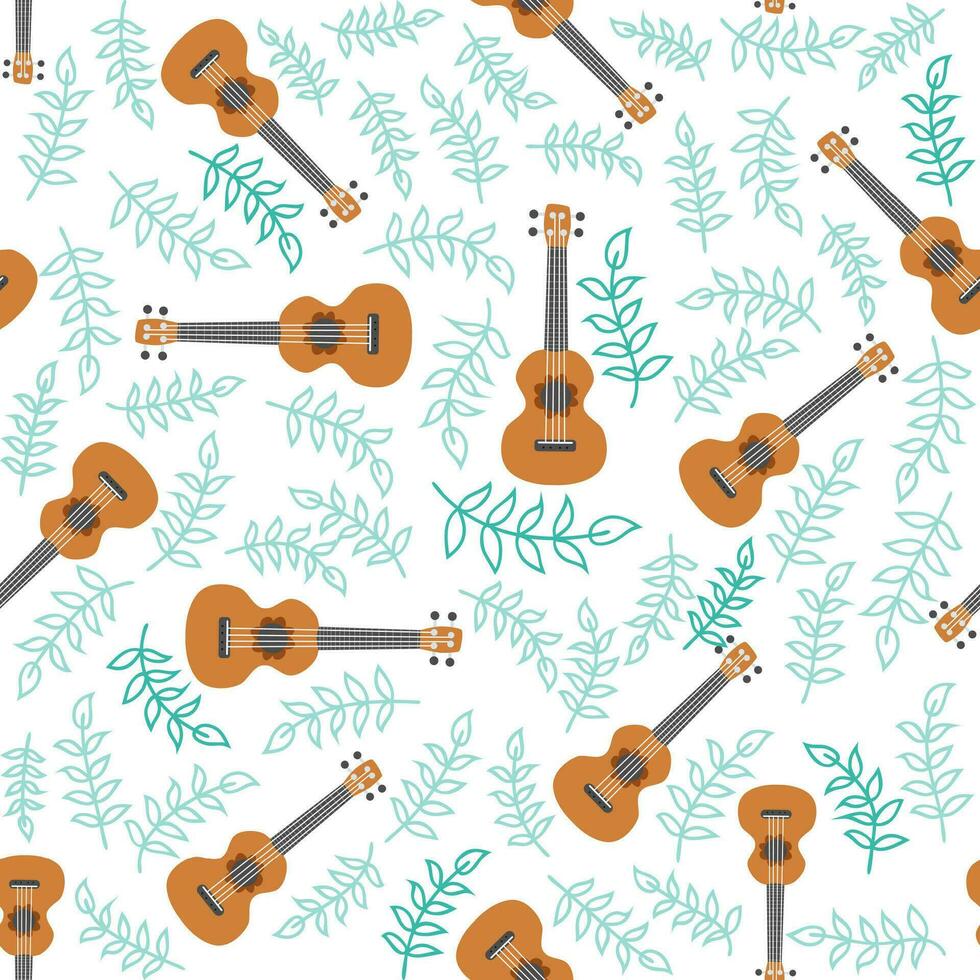 ukulele sömlös mönster, ukulele. mönster med monstera, löv, blommor, anteckningar, inskriptioner vektor