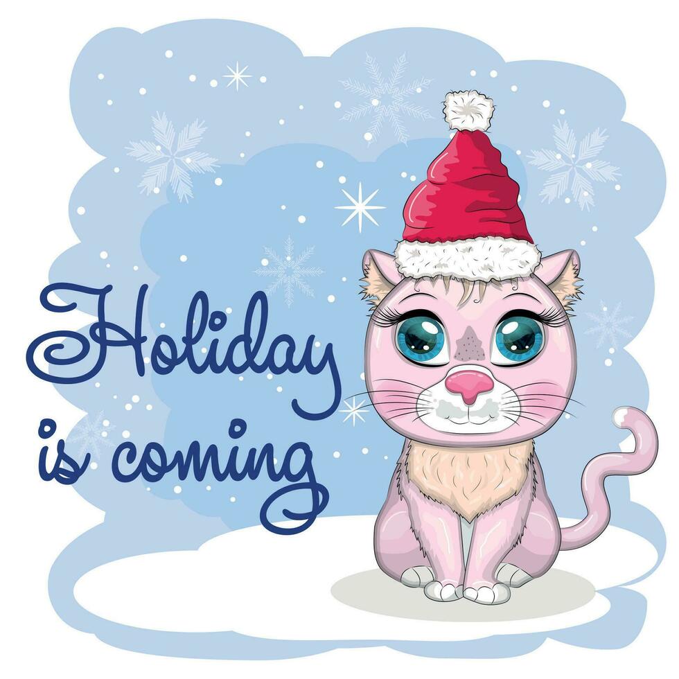 niedliche Cartoon-Katze in einer Weihnachtsmütze auf einem Hintergrund aus Schnee. winter 2023, weihnachten und chinesisches neujahr. vektor