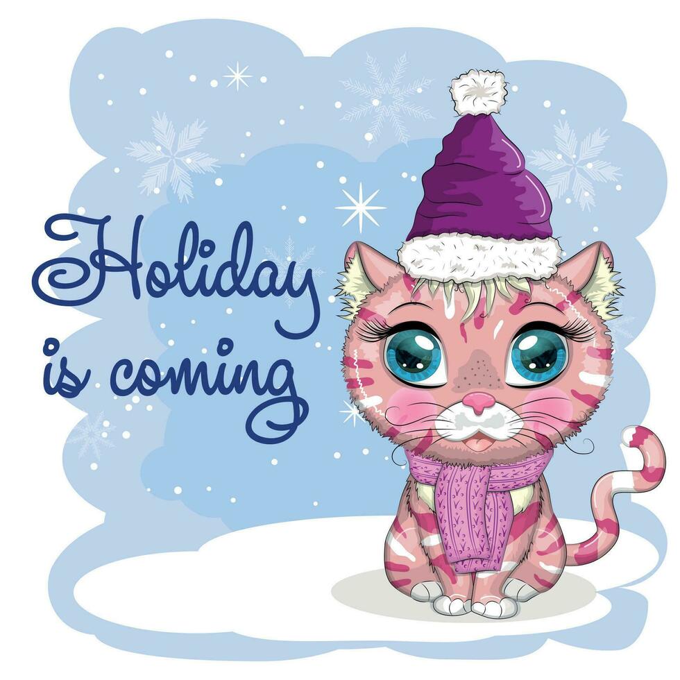 niedliche Cartoon-Katze in einer Weihnachtsmütze auf einem Hintergrund aus Schnee. winter 2023, weihnachten und chinesisches neujahr. vektor