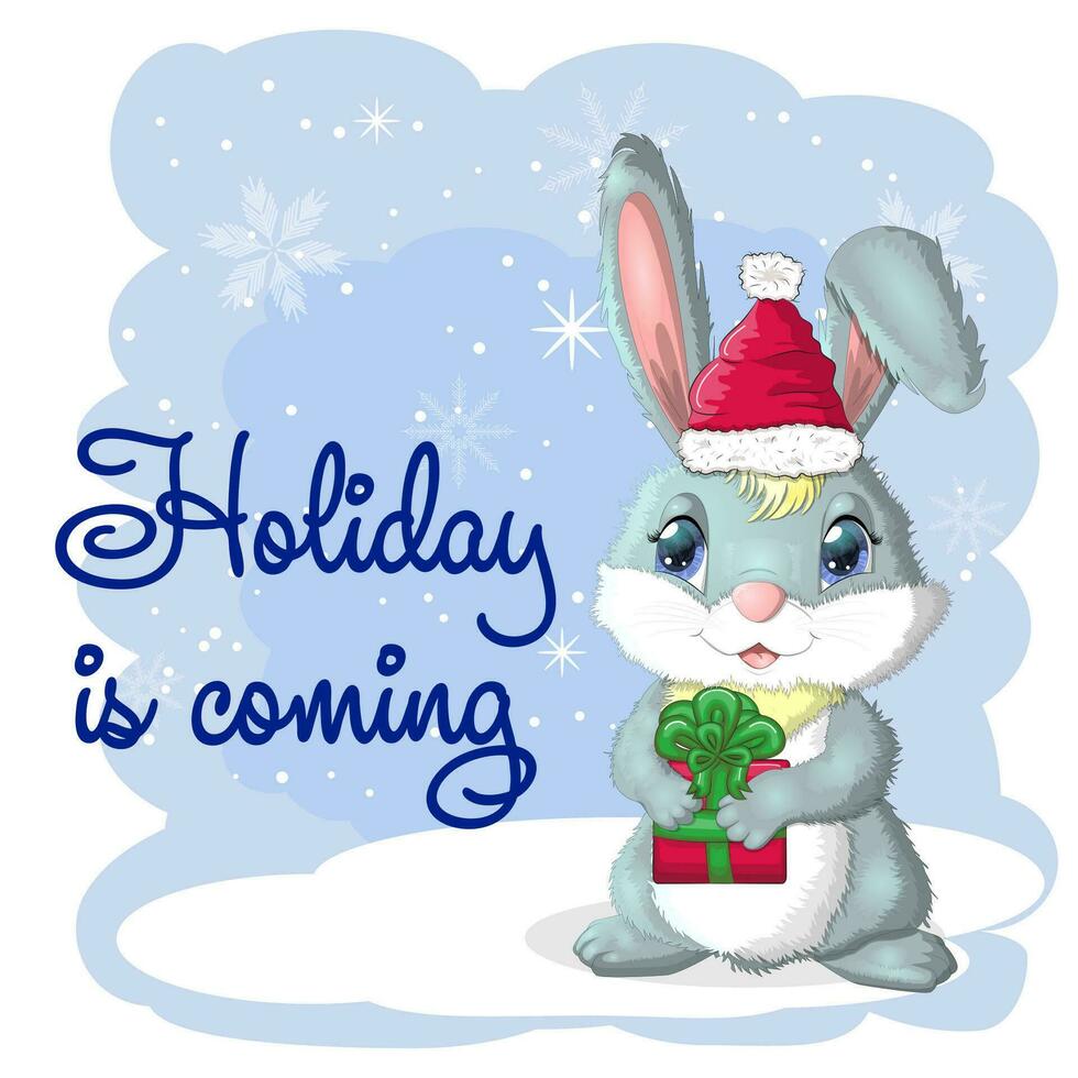 süß Karikatur Hase im ein Santa Hut auf ein Hintergrund von Schnee. Winter 2023, Weihnachten und Neu Jahr vektor