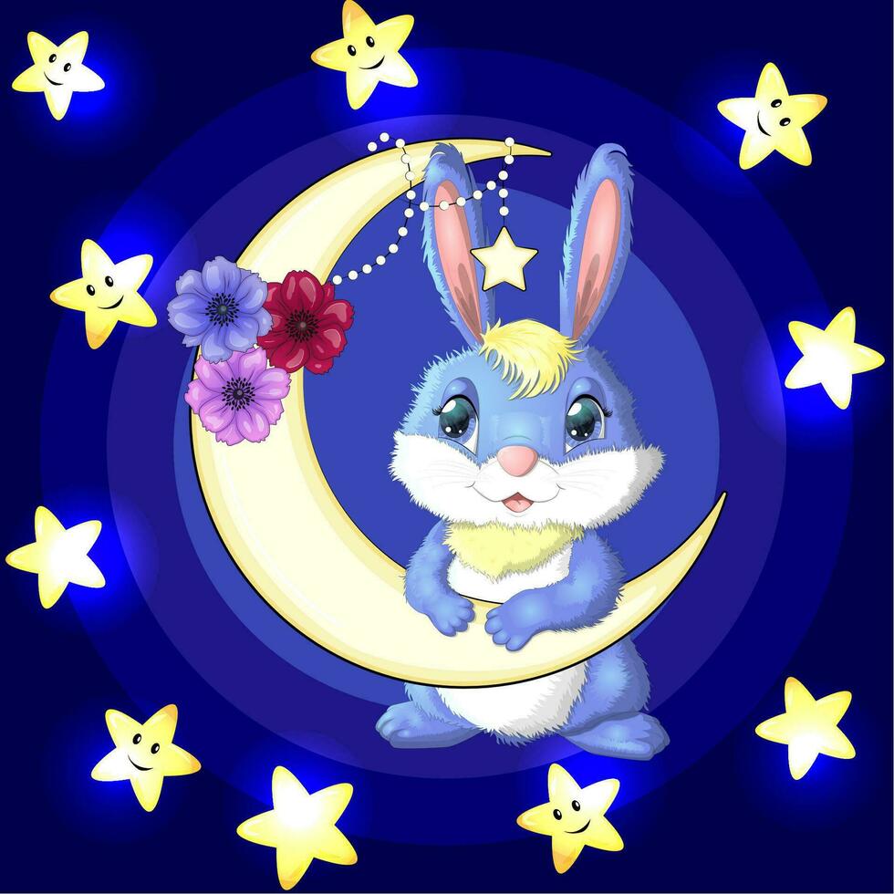 tecknad serie kanin, hare på de måne med blommor och stjärnor. söt barn karaktär, symbol av 2023 ny kinesisk år vektor