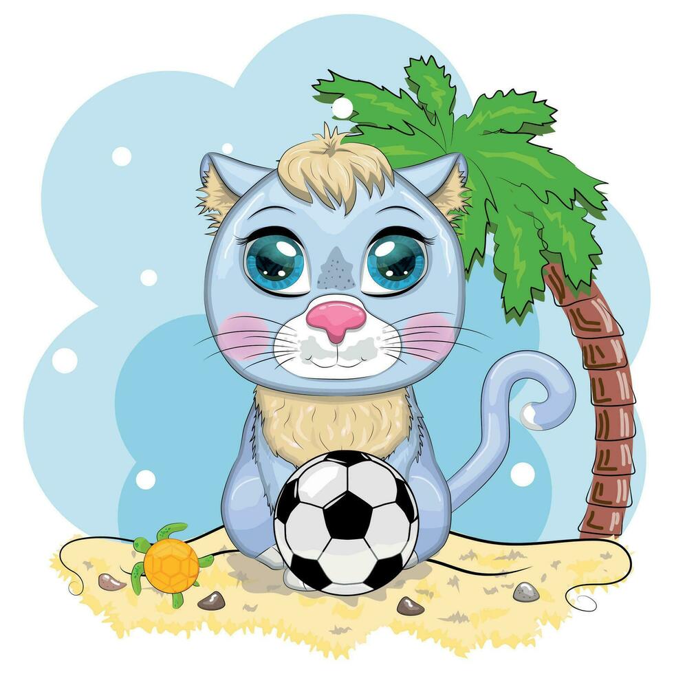 tecknad serie katt med en fotboll boll. sommar, semester. söt barn karaktär, symbol av 2023 ny kinesisk år vektor