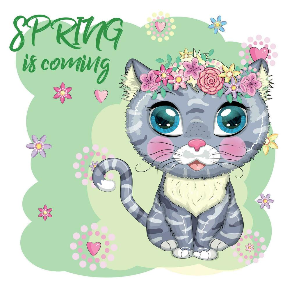 Cartoon-Katze mit einem Kranz. der Frühling kommt. niedlicher kindercharakter, symbol des neuen chinesischen jahres 2023 vektor