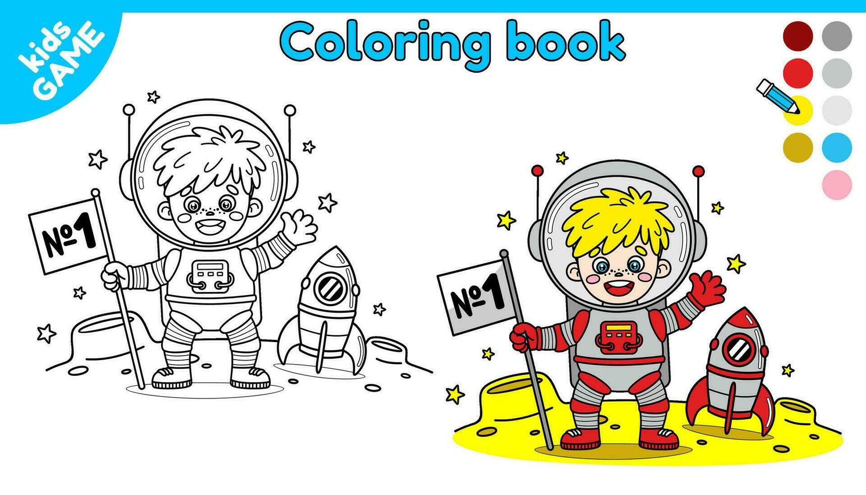 sida av färg bok för ungar. Färg tecknad serie astronaut med rymdskepp på de måne. översikt kosmonaut i Plats. aktivitet för dagis och förskola barn. isolerat vektor svart och vit design