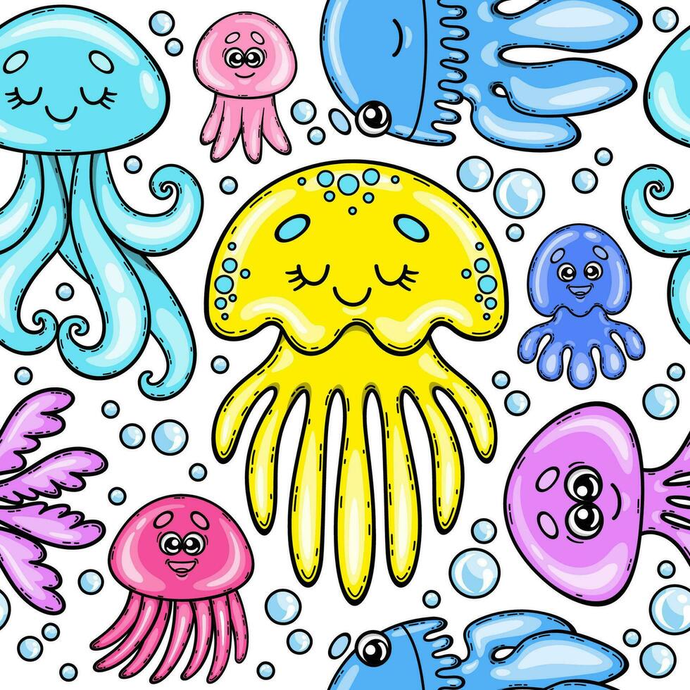 färgrik sömlös mönster med tecknad serie hav rolig maneter på en vit bakgrund. färgad vektor illustration av söt hav djur.