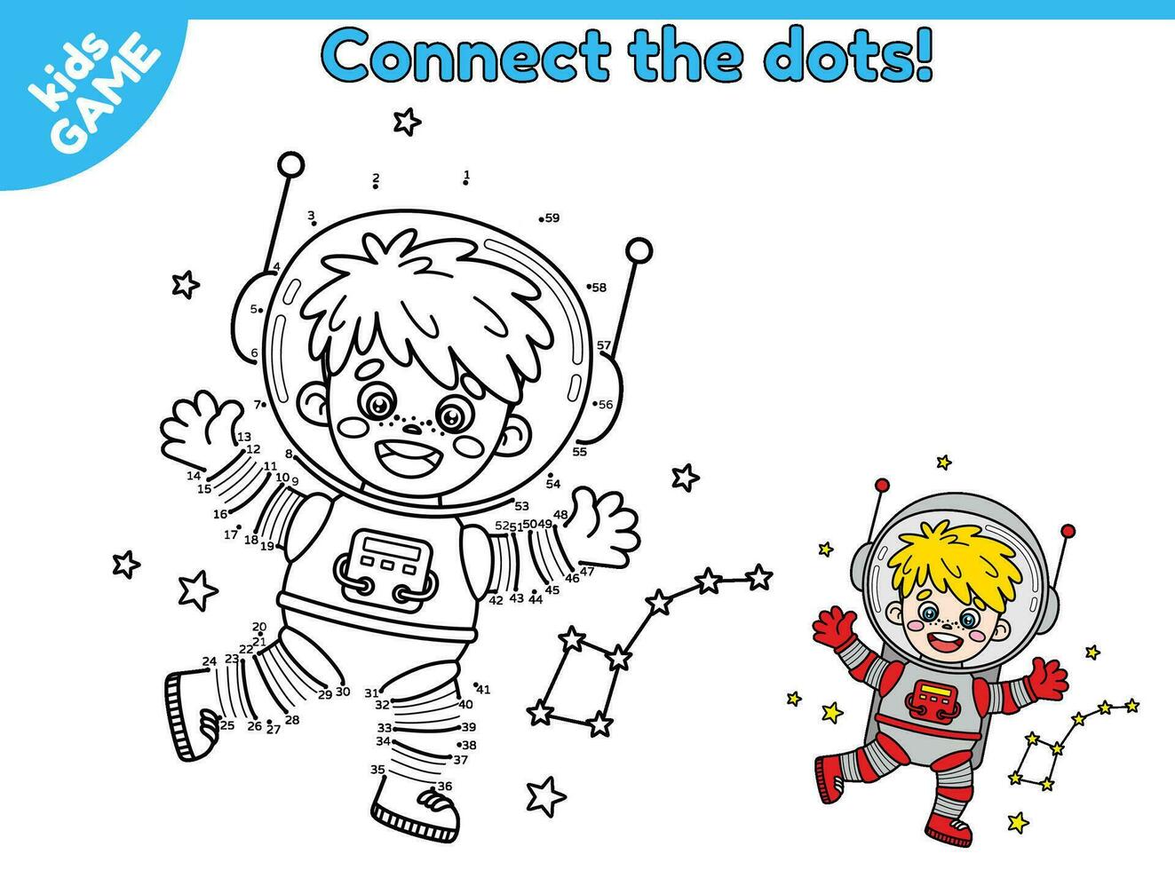 Punkt zu Punkt durch Zahlen Spiel zum Kinder. verbinden das Punkte und zeichnen ein Karikatur Astronaut Junge im Raum. lehrreich Aktivität Buch zum Kinder. Puzzle zum Vorschule und Schule Bildung. Vektor Raumfahrer.