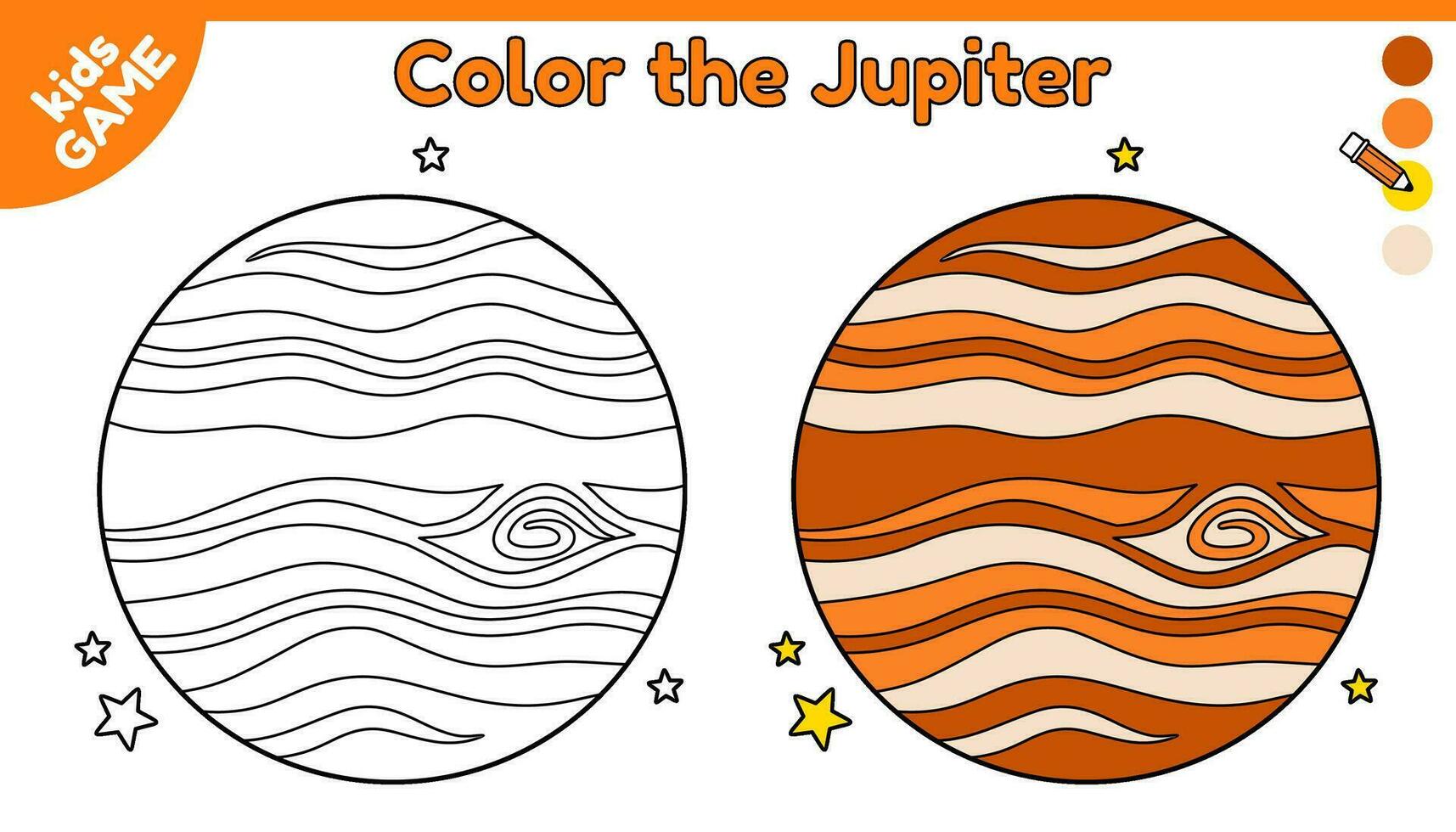 sida av färg bok för ungar. Färg tecknad serie de Jupiter i Plats. översikt planet av sol- systemet. aktivitet för förskola och skola barn. svart och vit och färgrik illustration. vektor design