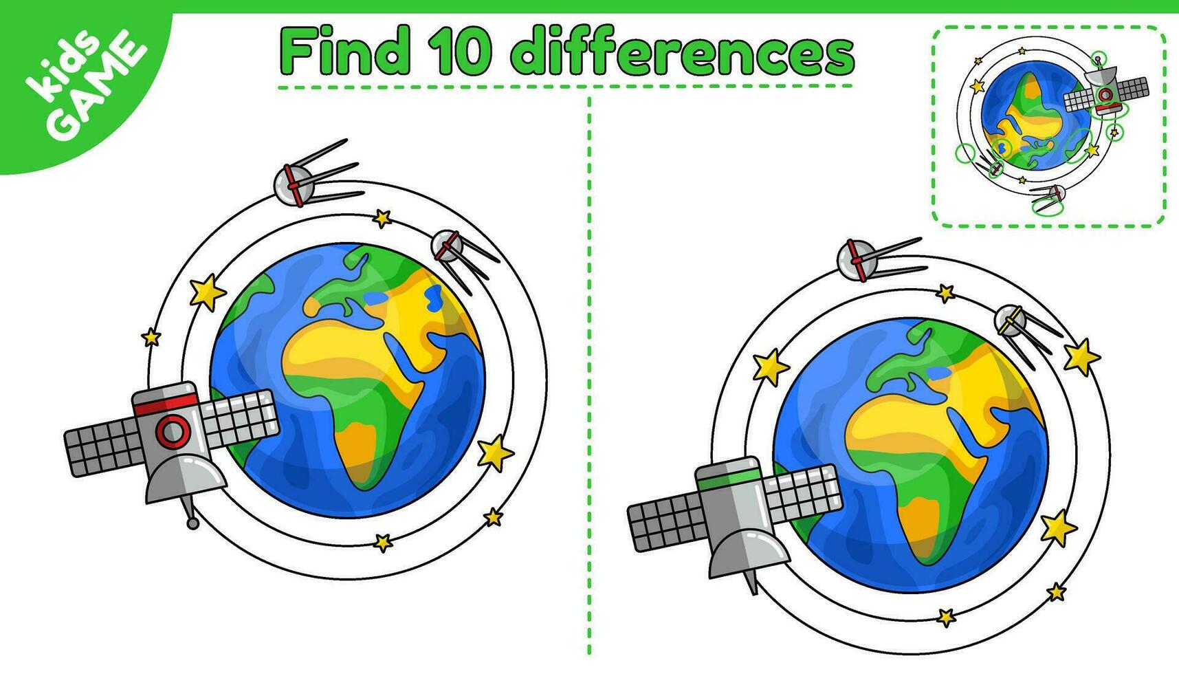 pedagogisk spel för ungar. hitta 10 skillnader. tecknad serie planet jord med sond, stjärnor och satelliter i Plats. pussel för barn. kalkylblad för förskola och skola utbildning. vektor illustration.