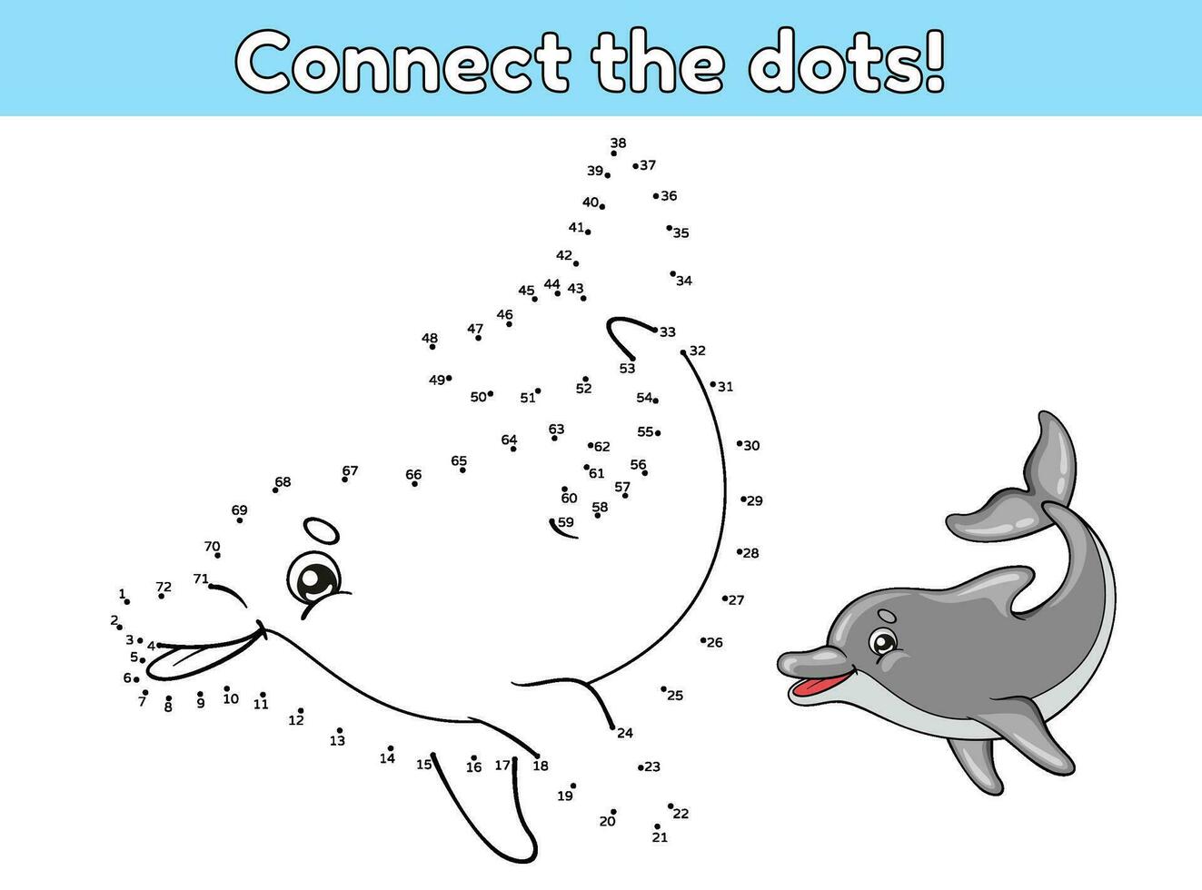 Punkt zu Punkt durch Zahlen Spiel zum Kinder. verbinden das Punkte und zeichnen ein Karikatur Delfin im Meer. Aktivität Buch zum Kinder. Puzzle zum Vorschule und Schule Bildung. Vektor Illustration von ein Ozean Tier.