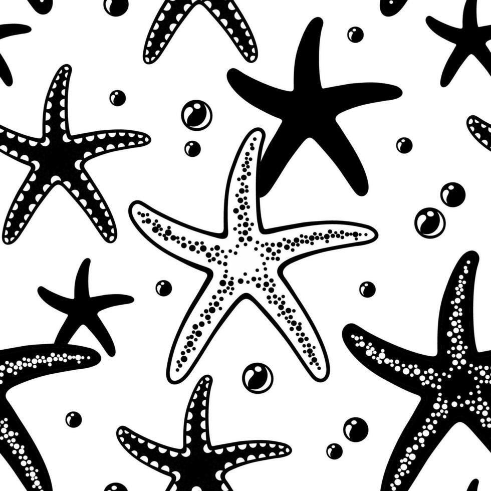 sömlös svart och vit mönster med sjöstjärna. vektor design på marin tema. perfekt för tapet, tyg, textil, omslag och Övrig.