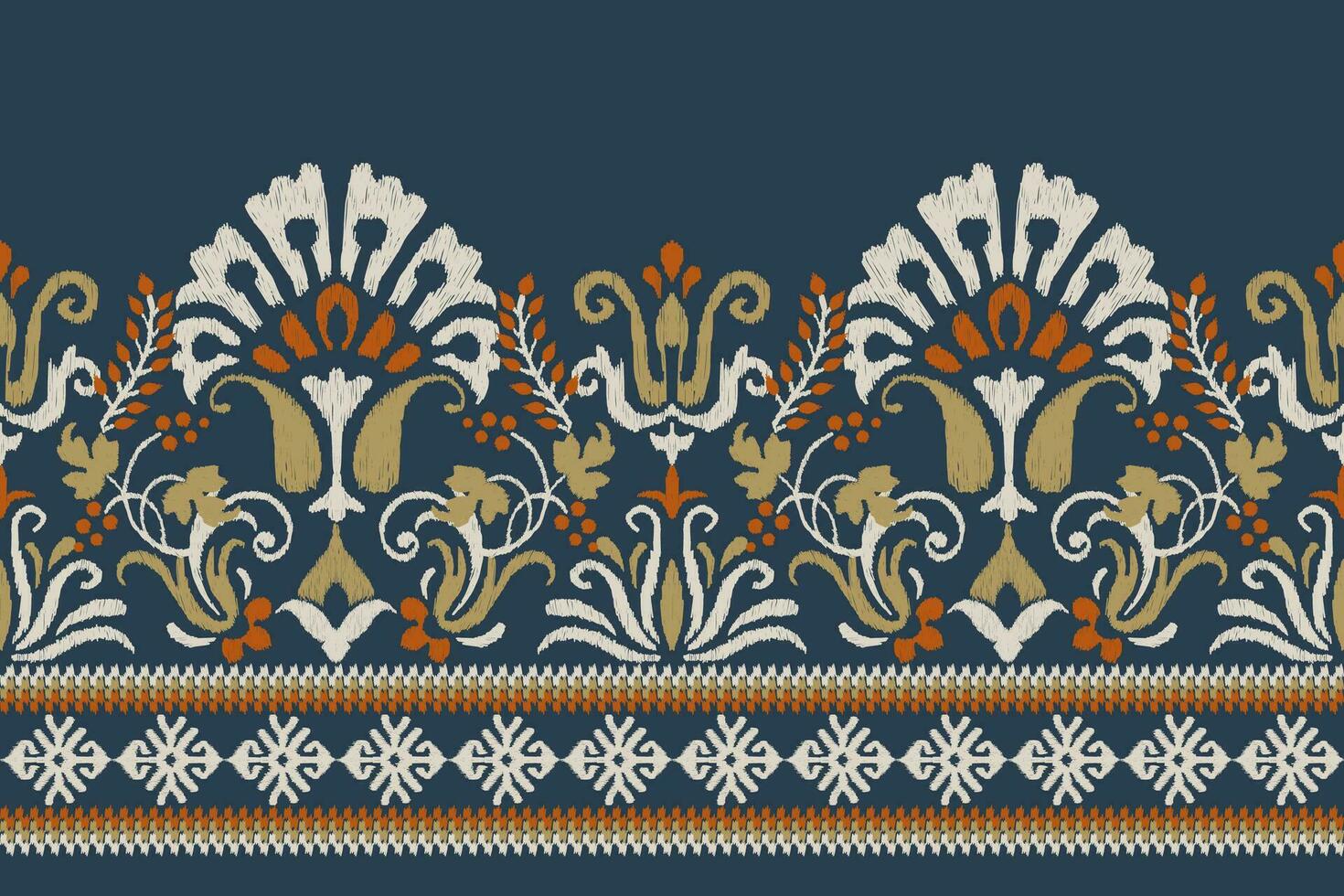 ikat blommig paisley broderi på Marin blå bakgrund.ikat etnisk orientalisk mönster traditionell.aztec stil abstrakt vektor illustration.design för textur, tyg, kläder, inslagning, dekoration, sarong.