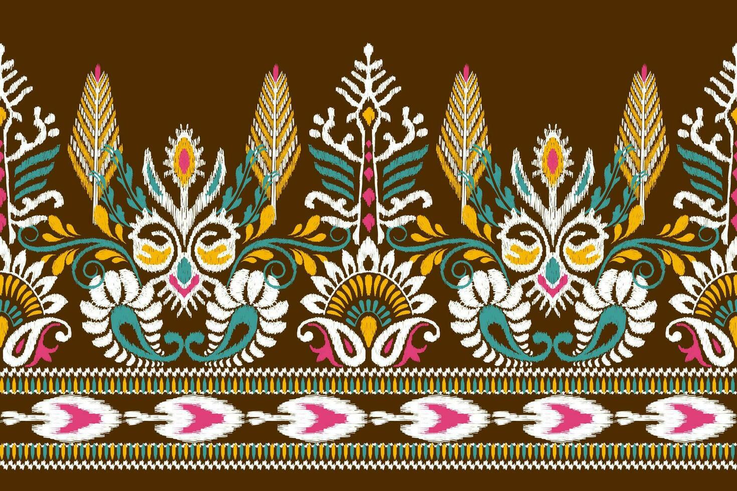 ikat blommig paisley broderi på brun bakgrund.ikat etnisk orientalisk mönster traditionell.aztec stil abstrakt vektor illustration.design för textur, tyg, kläder, inslagning, dekoration, halsduk, sarong