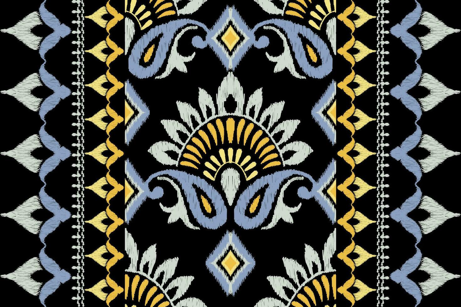 hipster ikat blommig paisley broderi på svart bakgrund.ikat etnisk orientalisk mönster traditionell.aztec stil abstrakt vektor illustration.design för textur, tyg, kläder, inslagning, dekoration.