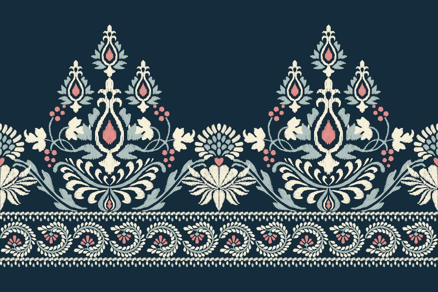 ikat blommig paisley broderi på Marin blå bakgrund.ikat etnisk orientalisk mönster traditionell.aztec stil abstrakt vektor illustration.design för textur, tyg, kläder, inslagning, dekoration, sarong.