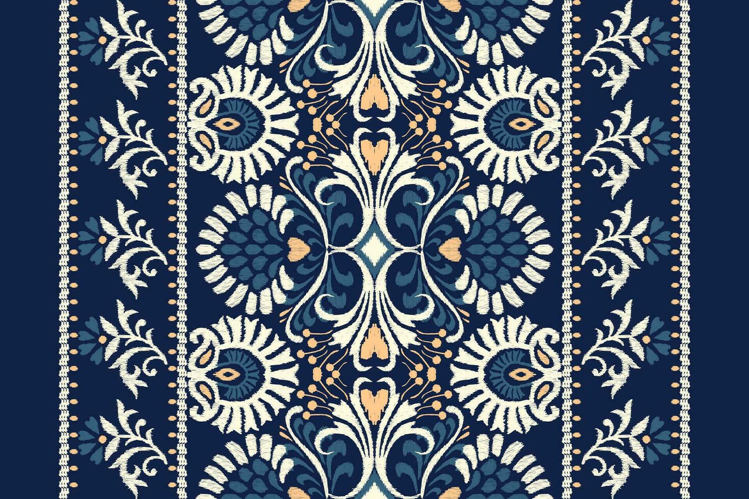 Ikat Blumen- Paisley Stickerei auf Marine Blau hintergrund.ikat ethnisch orientalisch Muster traditionell.aztekisch Stil abstrakt Vektor illustration.design zum textur, stoff, kleidung, verpackung, dekoration, schal.