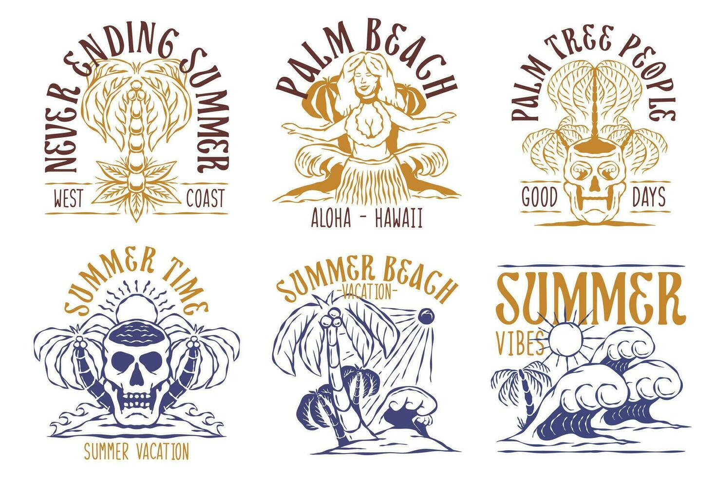 einstellen von Jahrgang Sommer- Hand gezeichnet T-Shirt Design, mystisch retro Sommer- Strand Abzeichen Logo Vektor Illustration zum drucken und Kunst