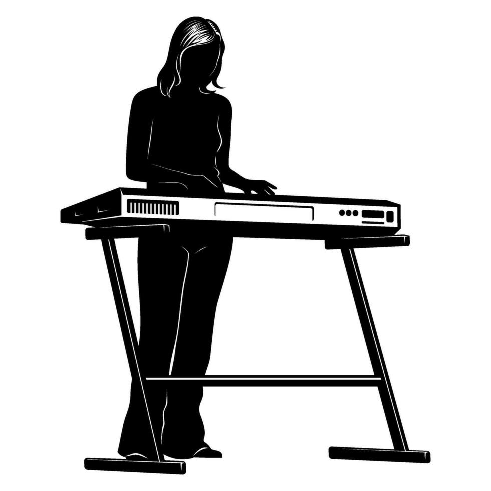 silhuett av kvinna spelar på en musik tangentbord. vektor ClipArt isolerat på vit.