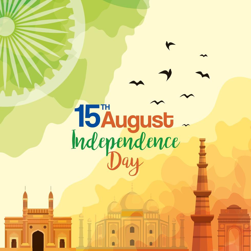 berühmte Denkmäler Indiens, 15. August für einen glücklichen Unabhängigkeitstag im Hintergrund vektor