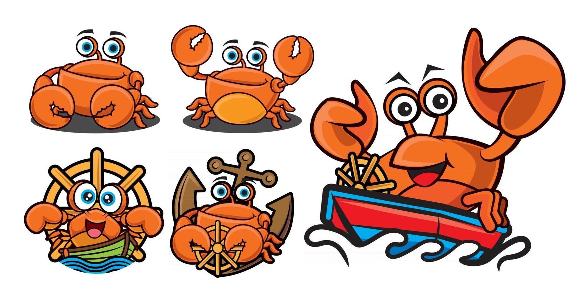 tecknad söt krabba med olika poser maskot serie set vektor