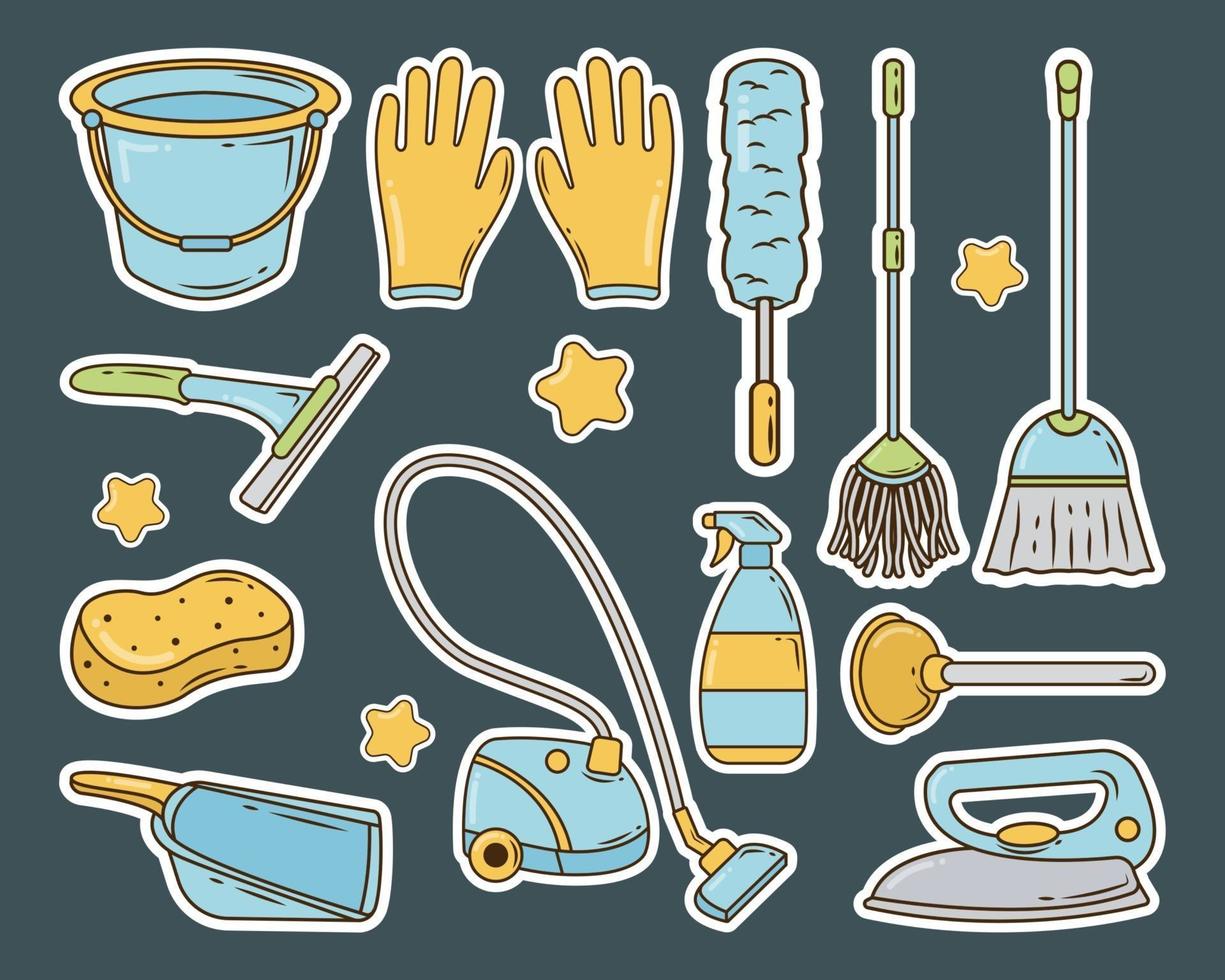 uppsättning handritad rengöringsservice klistermärke i doodle stil vektor