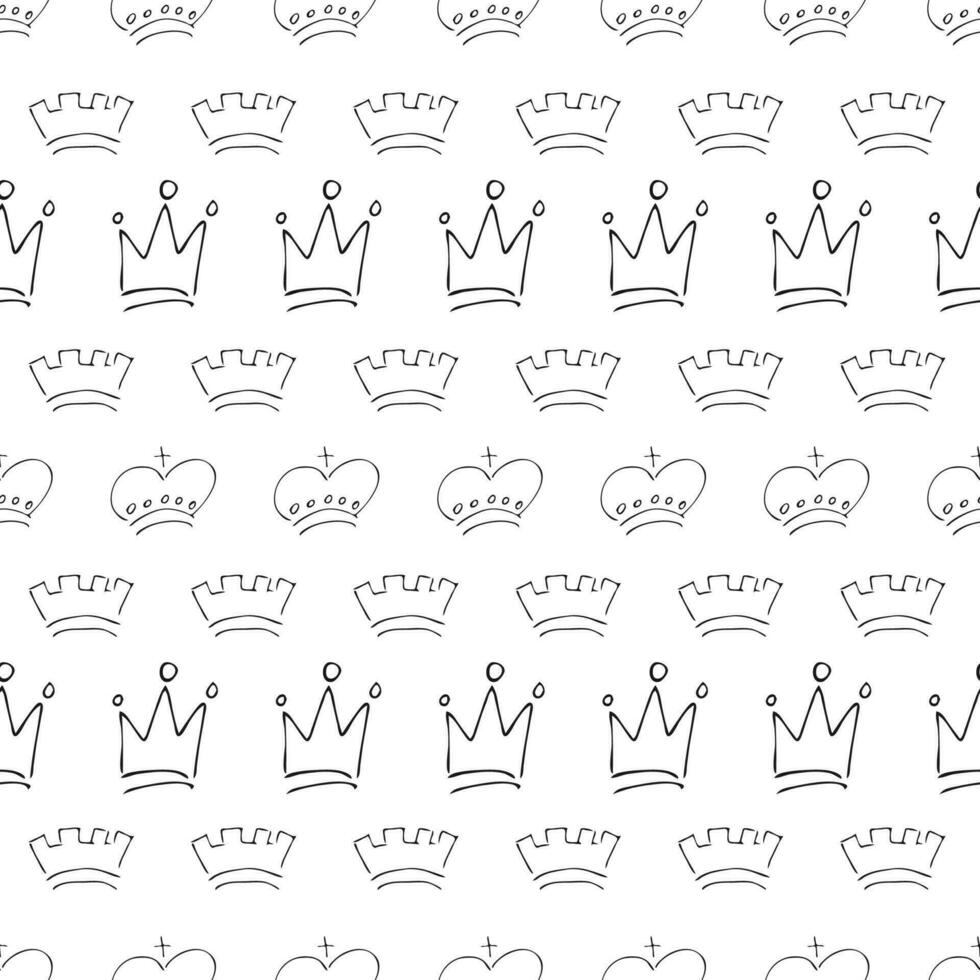 Hand gezeichnet Kronen. nahtlos Muster von einfach Graffiti skizzieren Königin oder König Kronen. königlich Kaiserliche Krönung und Monarch Symbole. Vektor Illustration.